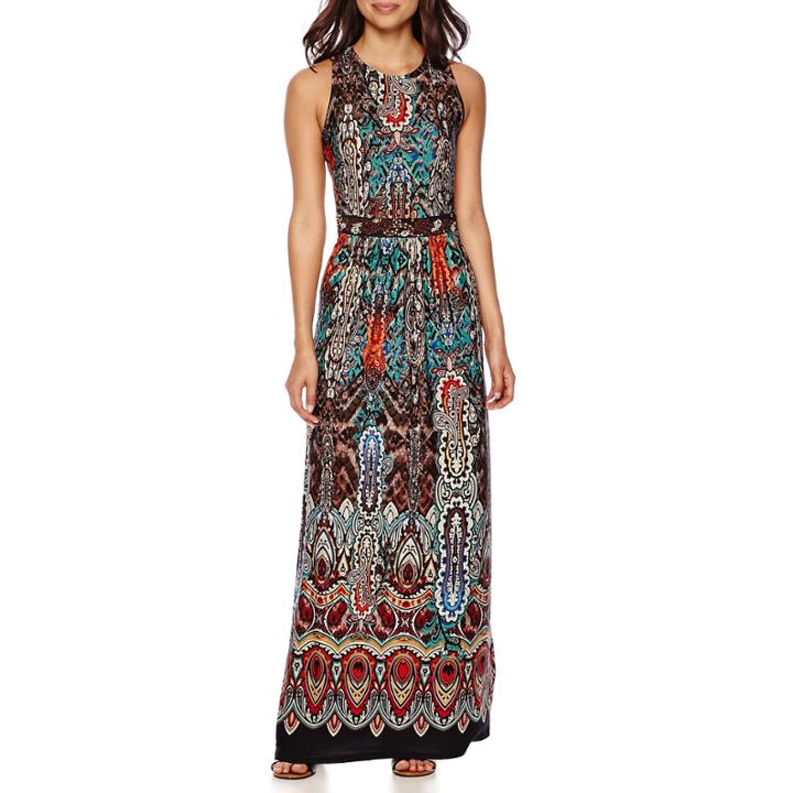 Trulli Sleeveless Paisley Print Beaded Waist Maxi Dress