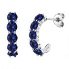 Lab-created Round Blue Sapphire Sterling Silver J-hoop Earrings