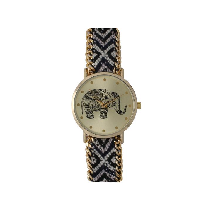 Olivia Pratt Womens Black Braided Elephant Print Dial Strap Watch 14811