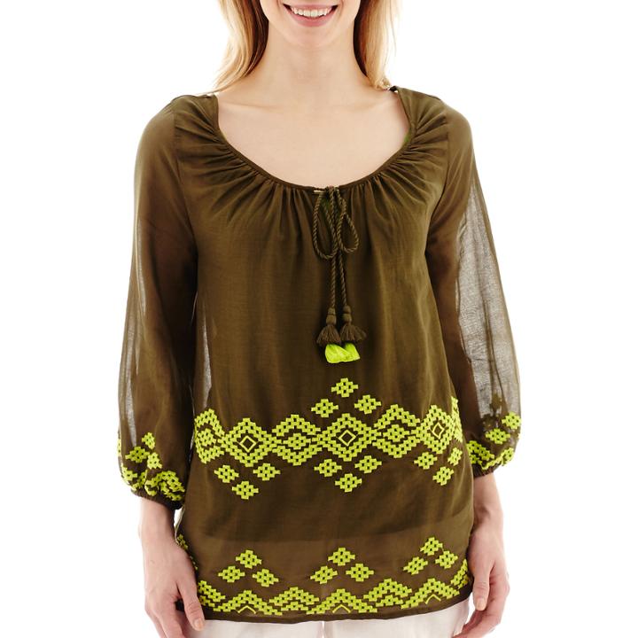 Stylus&trade; 3/4-sleeve Embroidered Gauze Peasant Top