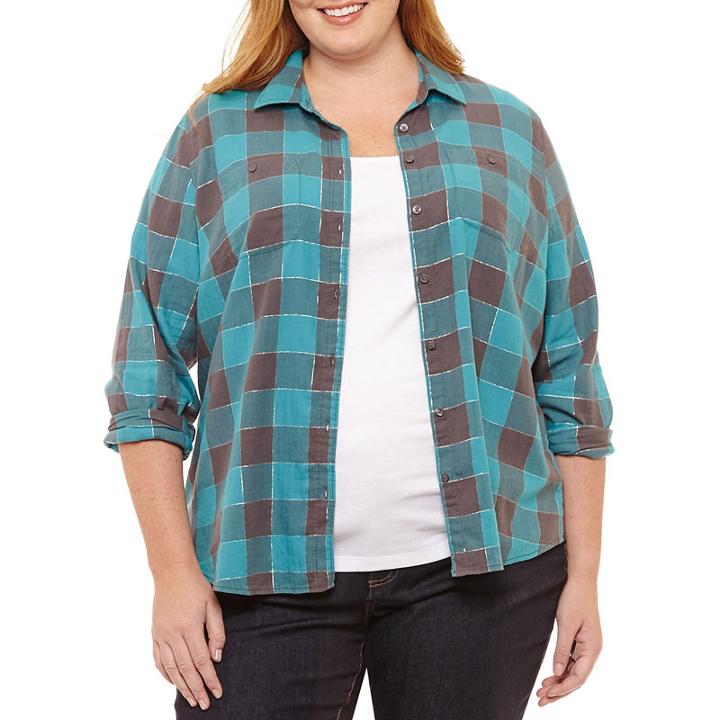St. John's Bay Long Sleeve Brushed Twill Woven Button Front Shirt - Plus