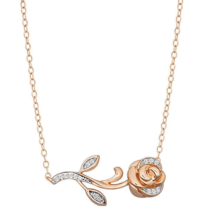 Enchanted Disney Fine Jewelry 1/10 Ct. T.w. Diamond 10k Rose Gold Beauty And The Beast Pendant Necklace
