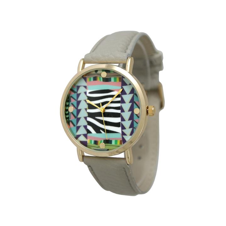 Olivia Pratt Womens Multi-color Pattern With Gold-tone Studs Dial Gray Leather Watch 13628gray