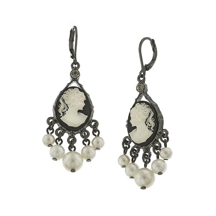 1928 Simulated Pearl And Black Cameo Drop Earrings