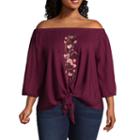 Boutique + 3/4 Sleeve Embroidered Woven Blouse - Plus