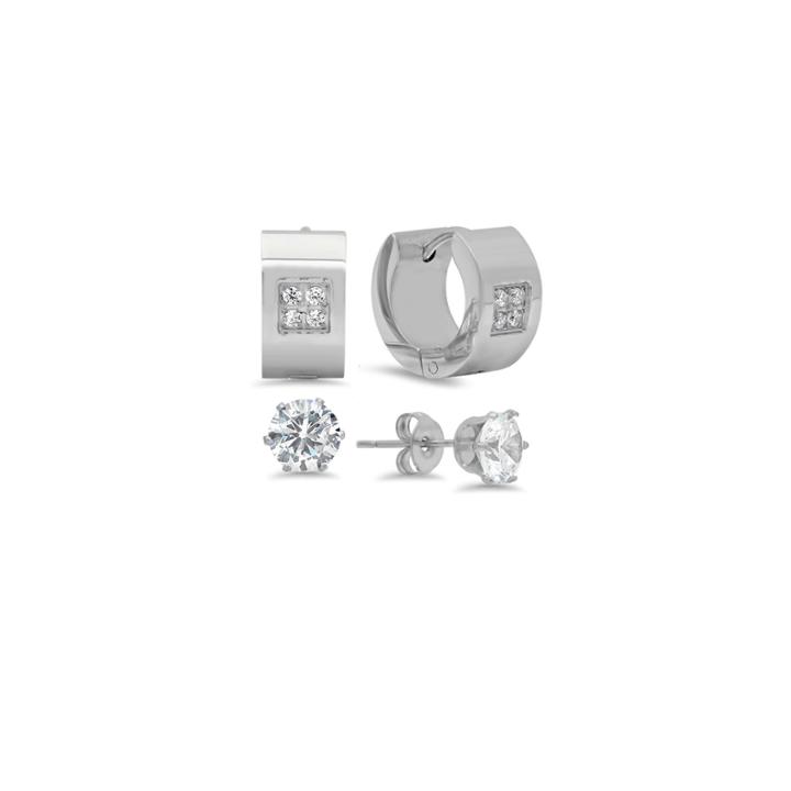Steeltime Round White Cubic Zirconia Stainless Steel Stud Earrings