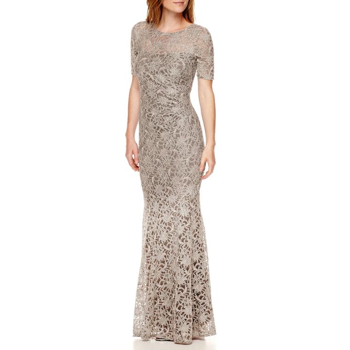 One By Eight Elbow-sleeve Lace Formal Gown