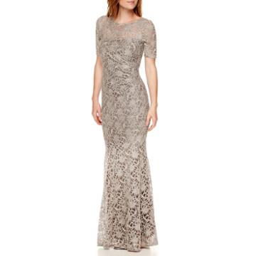 One By Eight Elbow-sleeve Lace Formal Gown