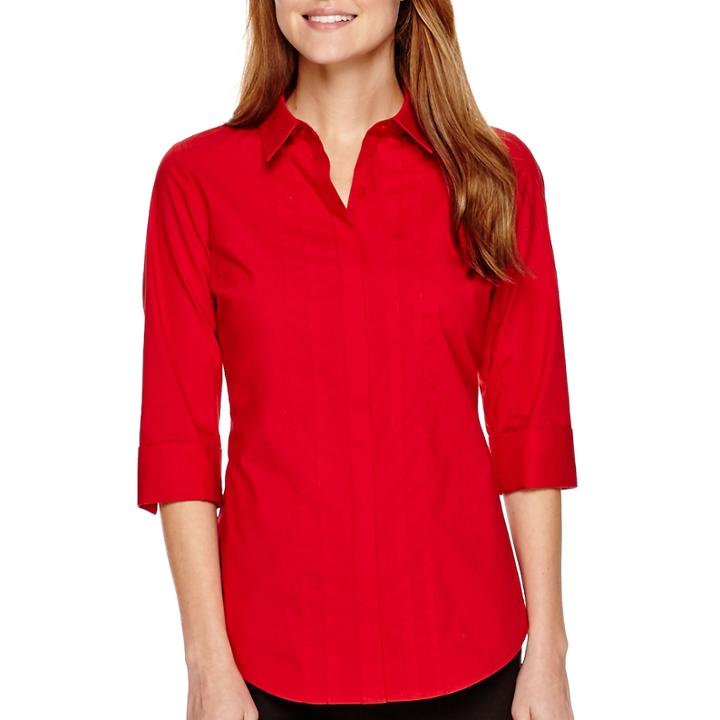 Worthington Essential Elbow-sleeve Button-front Shirt - Petite