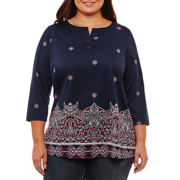 Liz Claiborne 3/4 Sleeve Split Crew Neck Pattern T-shirt-womens Plus