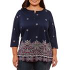Liz Claiborne 3/4 Sleeve Split Crew Neck Pattern T-shirt-womens Plus