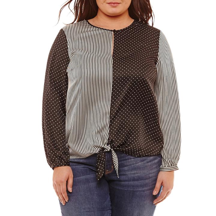 Belle + Sky Long Sleeve Round Neck Woven Stripe Blouse-plus
