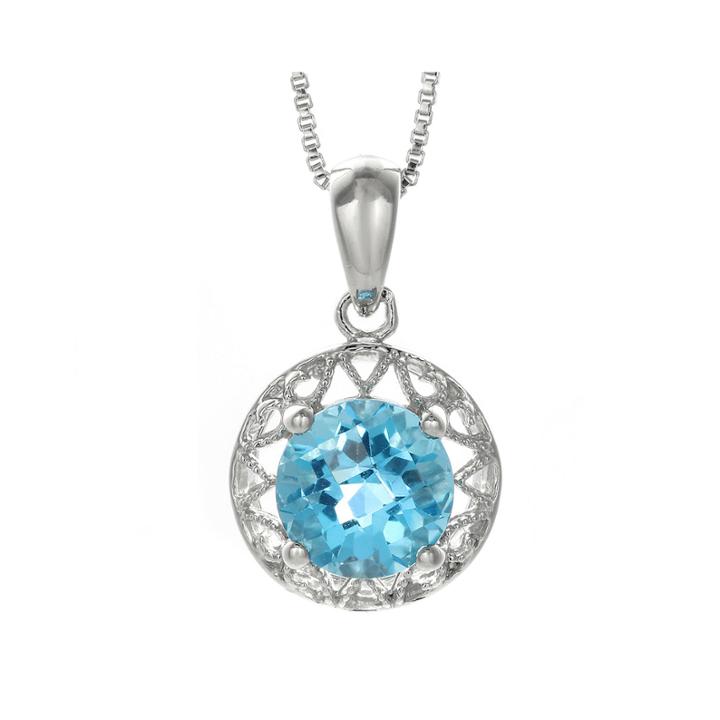 Genuine Blue Topaz Filigree Sterling Silver Pendant Necklace