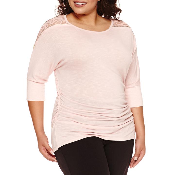 By & By 3/4-sleeve Lace-shoulder Side-cinch Top - Juniors Plus