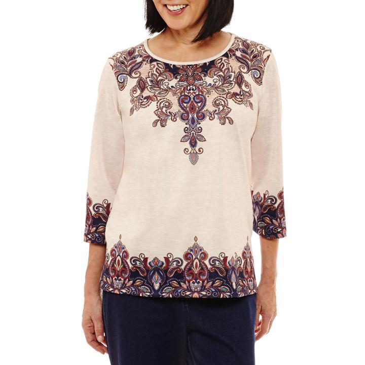 Alfred Dunner Gypsy Moon 3/4 Sleeve Crew Neck Scroll T-shirt-womens
