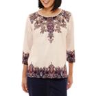 Alfred Dunner Gypsy Moon 3/4 Sleeve Crew Neck Scroll T-shirt-womens