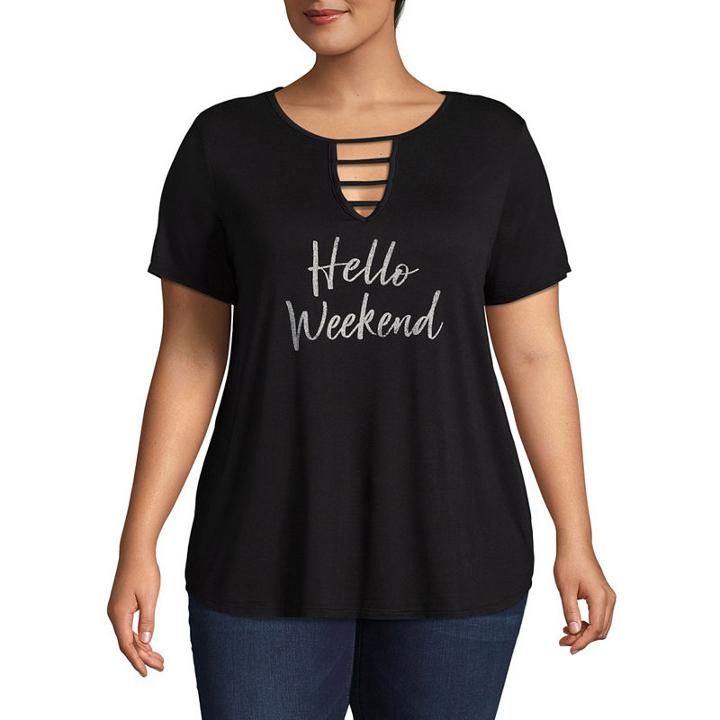 Boutique + Short Sleeve V Neck Hello Weekend T-shirt - Plus