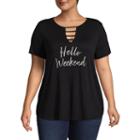 Boutique + Short Sleeve V Neck Hello Weekend T-shirt - Plus