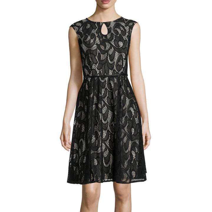 London Style Collection Cap-sleeve Lace Keyhole Belted Fit-and-flare Dress