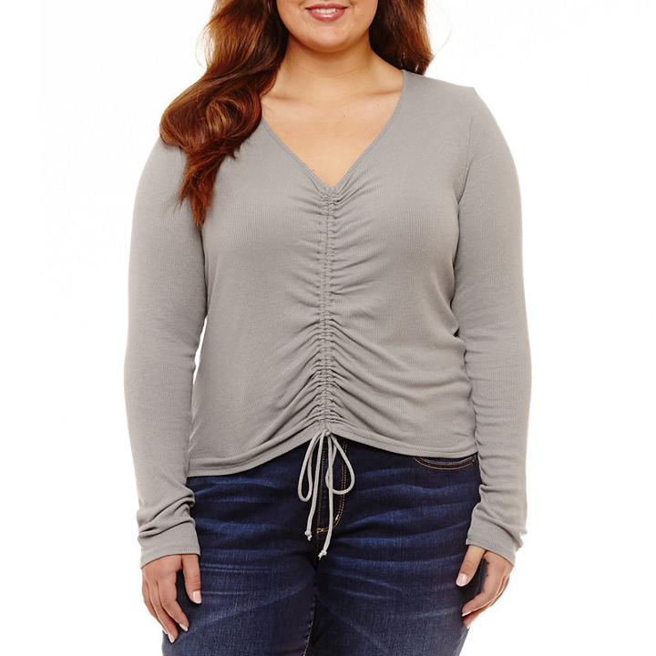Arizona Long Sleeve Ruched Tie Front Top- Juniors Plus