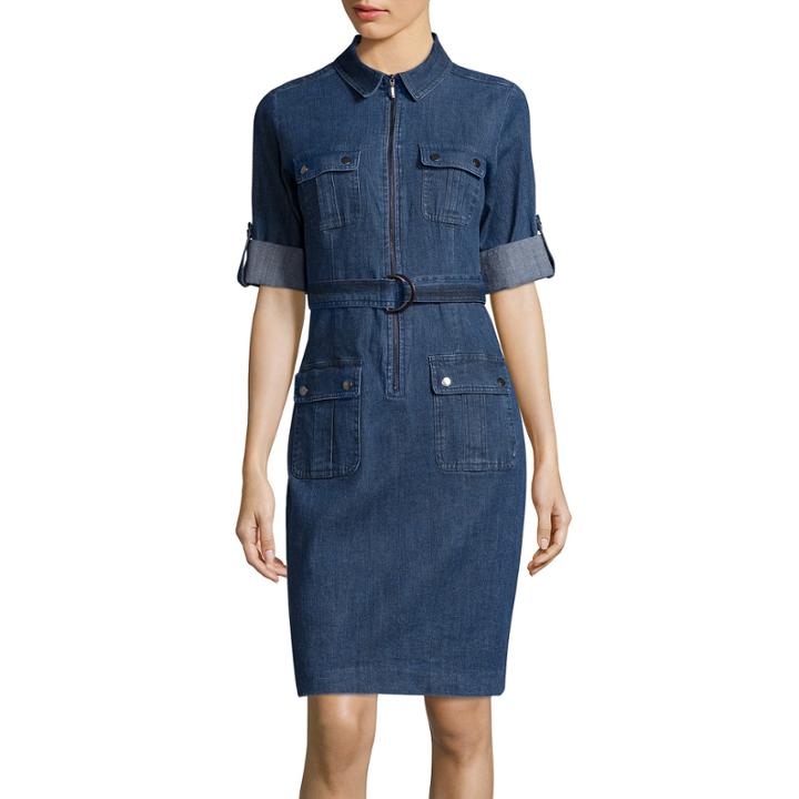 Sharagano 3/4-sleeve Zip-up Denim Shirtdress
