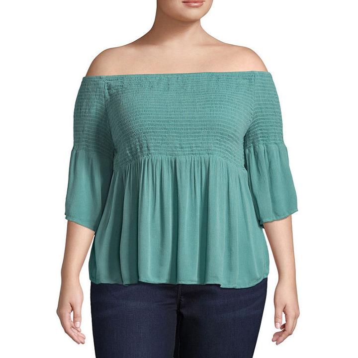 Arizona Smocked Off The Shoulder Woven Blouse- Juniors Plus