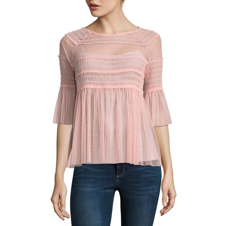 Belle + Sky Elbow Sleeve Mesh Smocked Top