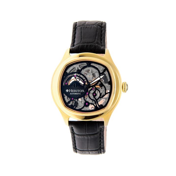 Heritor Automatic Odysseus Mens Skeleton-dial Leather-gold/black Watches