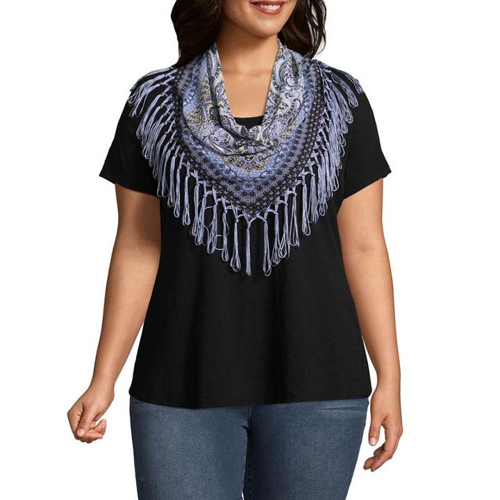 Unity World Wear Short Sleeve Knit Top With Fringe Scarf - Plus