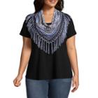 Unity World Wear Short Sleeve Knit Top With Fringe Scarf - Plus