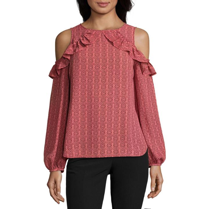 Worthington Long Sleeve Cold-shoulder Ruffle Blouse