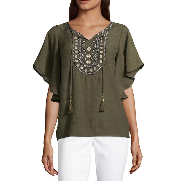 Liz Claiborne Flutter Sleeve Split Crew Neck Woven Embroidered Blouse