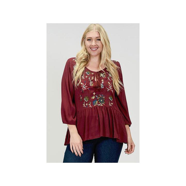 Plus Floral Embroidered Peplum Blouse