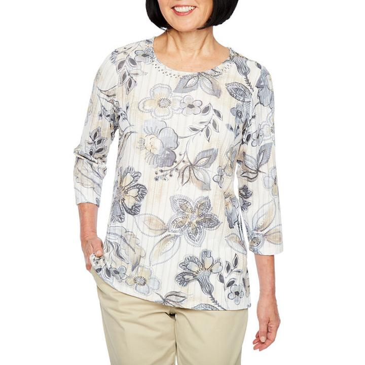 Alfred Dunner Classics 3/4 Sleeve Jewel Neck Floral T-shirt-womens