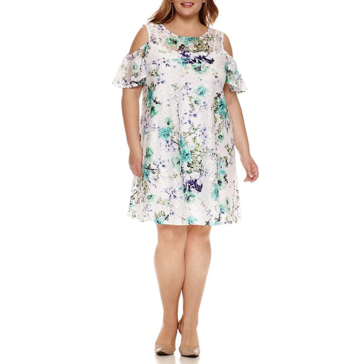 Studio 1 Short Sleeve Cold Shoulder Floral Lace Sheath Dress-plus