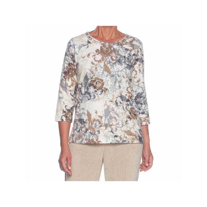 Alfred Dunner Eskimo Kiss 3/4 Sleeve Crew Neck Floral T-shirt-womens