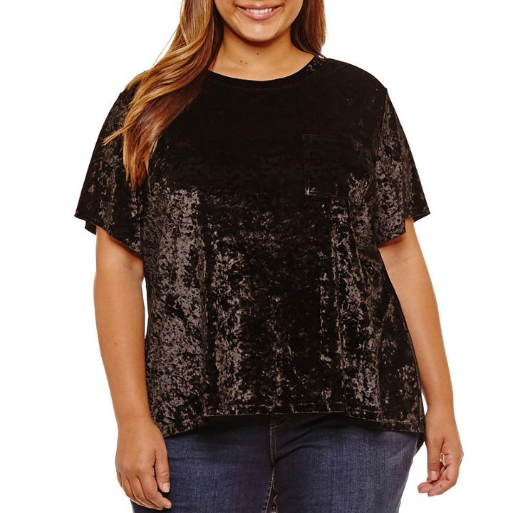 Boutique + Short Sleeve Split Back Velvet Blouse - Plus