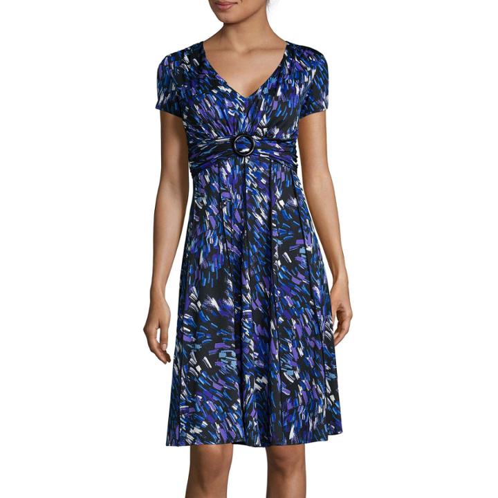 Perceptions Short-sleeve Smudge Print High-buckle A-line Dress