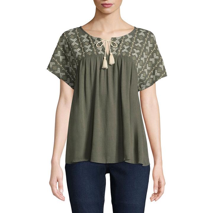 St. John's Bay Short Sleeve Henley Neck Crinkle Embroidered Blouse