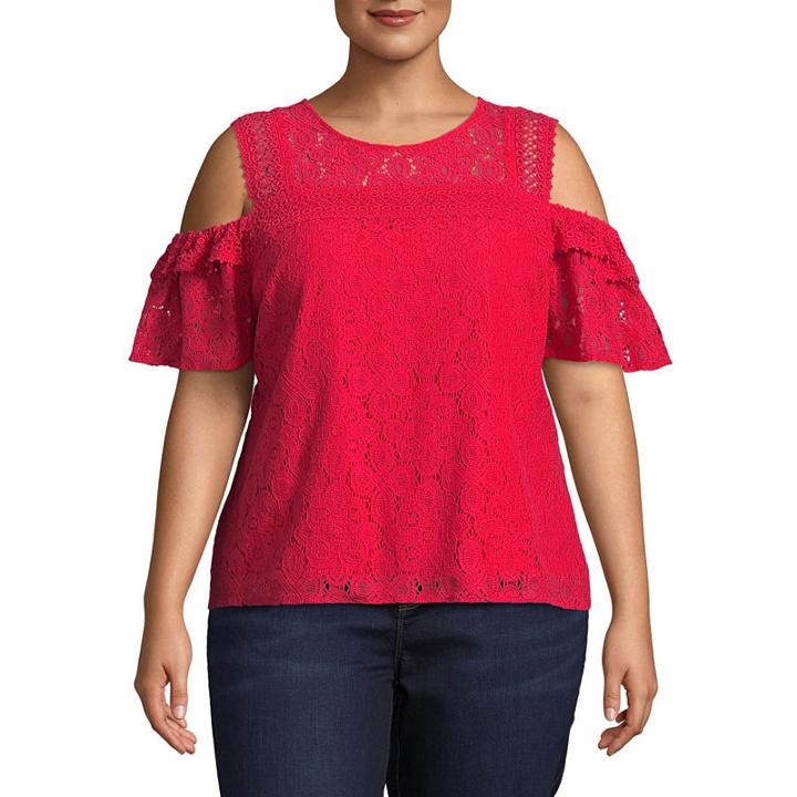 Project Runway Short Sleeve Round Neck Woven Blouse-plus