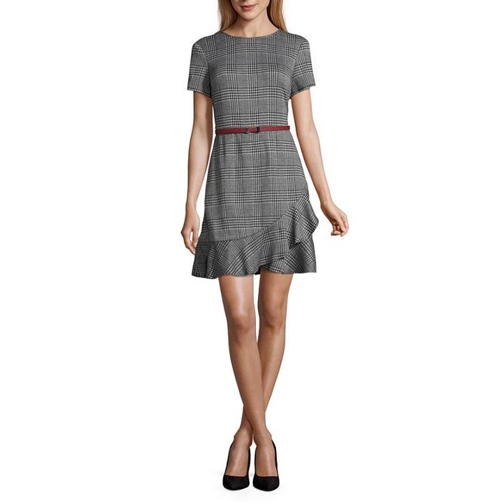 London Times Short Sleeve Plaid A-line Dress-petite