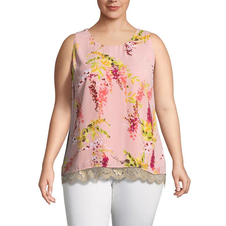 Worthington Lace Trim Floral Woven Tank Top - Plus
