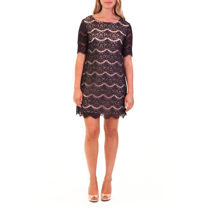 Nina Leonard Elbow Sleeve Dress With Scallop Edge