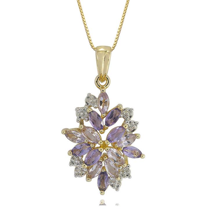 14k Gold Over Silver Genuine Amethyst, Genuine Pink Quartz & Lab-created White Sapphire Pendant Necklace