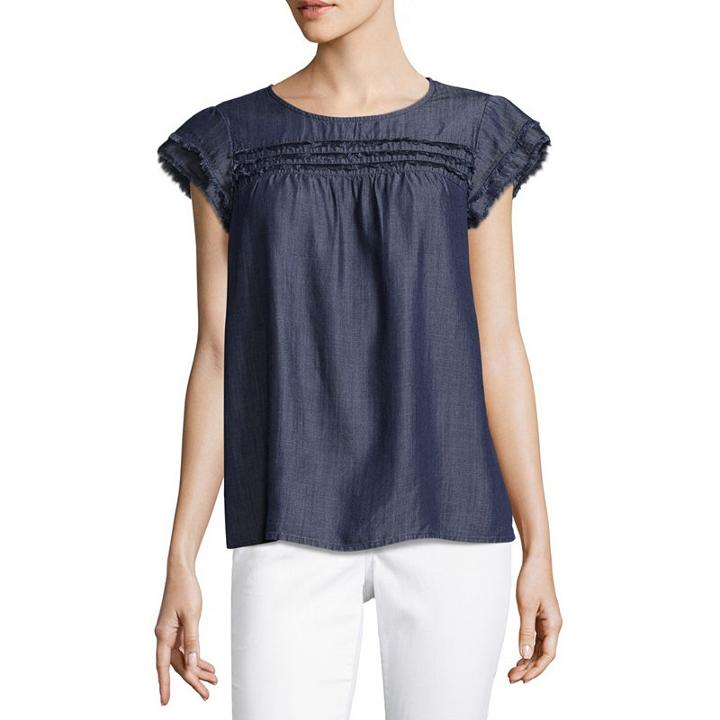 Liz Claiborne Short Sleeve Woven Fringe Blouse