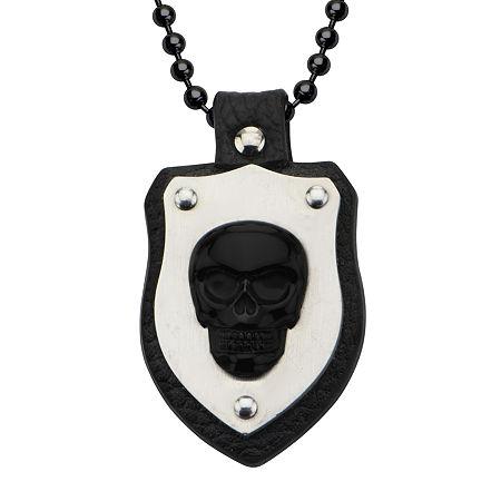 Inox Jewelry Mens Genuine Onyx Skull And Leather Stainless Steel Shield Pendant