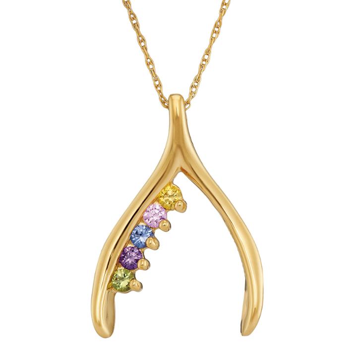 Personalized 10k Yellow Gold Family Birthstone Wishbone Pendant Necklace