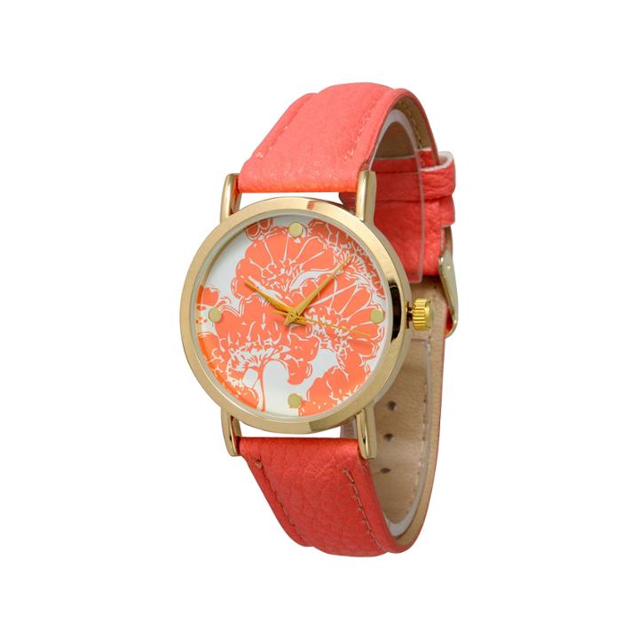 Olivia Pratt Womens Floral Dial Coral Leather Watch 13330coral