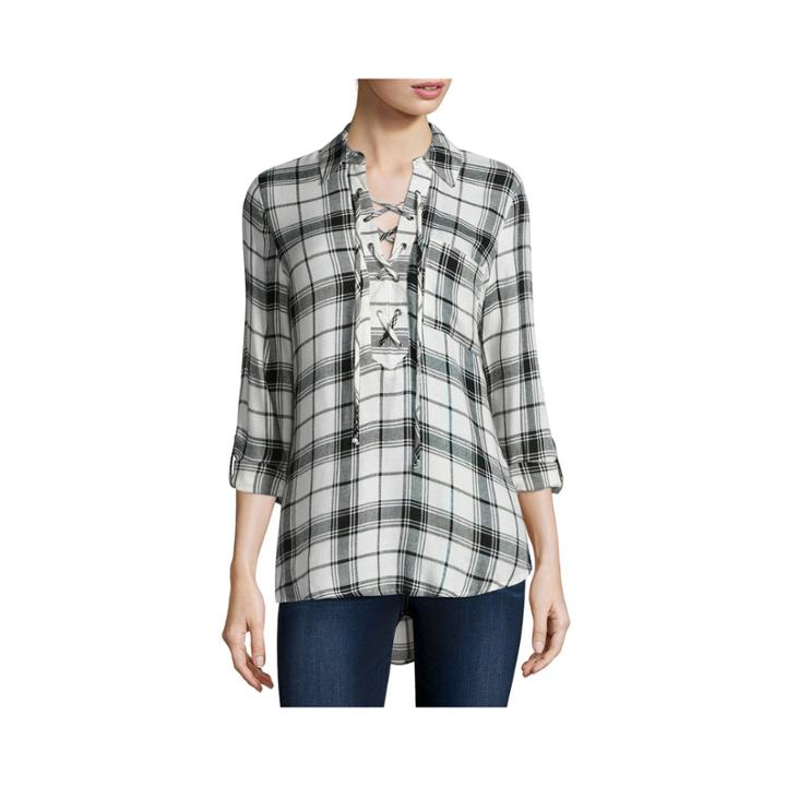 Self Esteem Long-sleeve Plaid Lace-up Shirt - Juniors