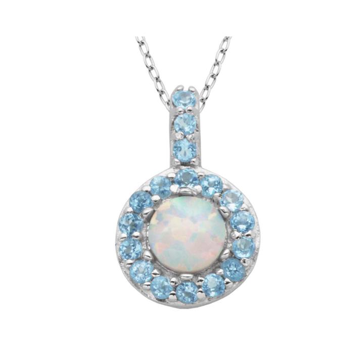 Genuine Swiss Blue Topaz And Lab-created Opal Halo Pendant Necklace